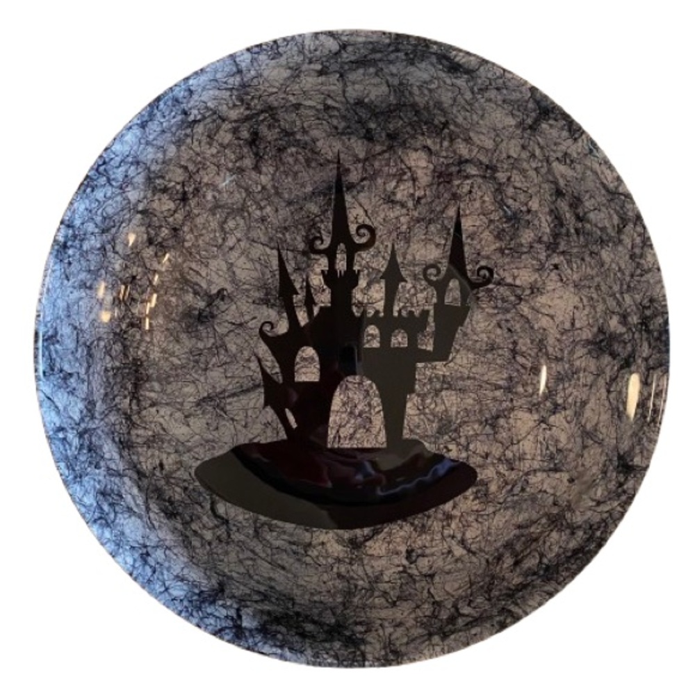 Akcam Glass Haunted House Black & Gray Serving Bowl 8 1/4” Halloween Goth Witchy